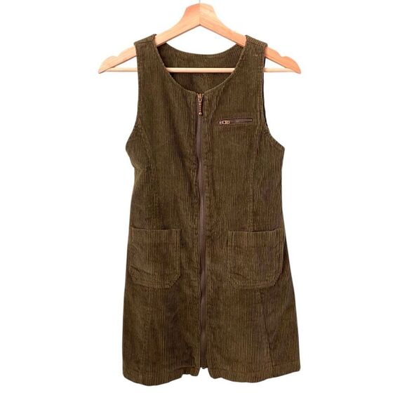 Vintage Badge Green Corduroy Front Zip Mini Dress in Size Junior /Teen Size 12 - Picture 1 of 7